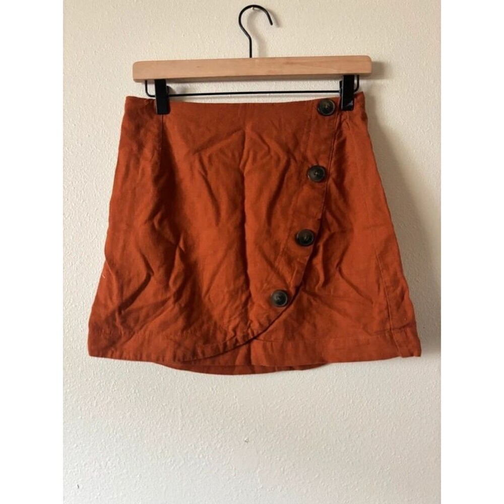 Francesca’s Harper Heritage  Orange Asymmetrical Button Linen Blend Mini Skirt